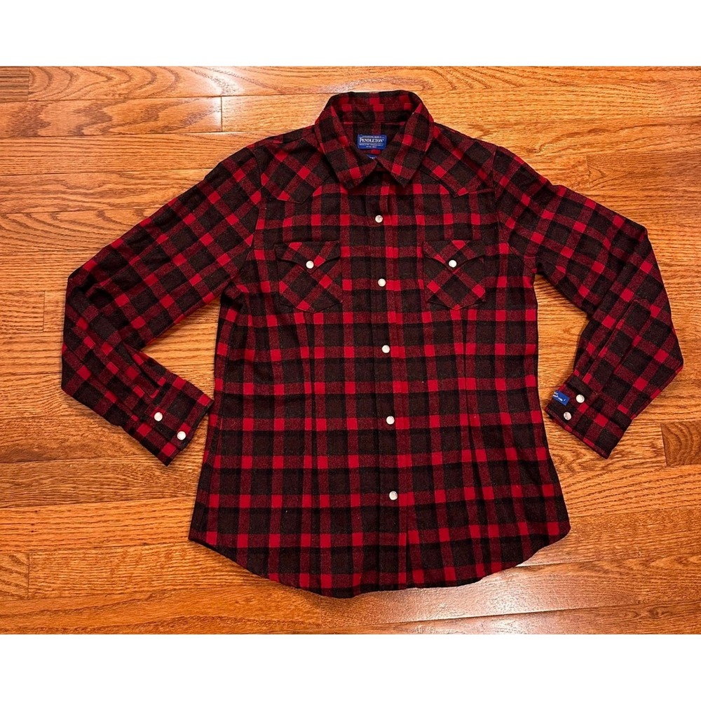 Pendleton Western Pearl Snap Shirt‎ Womens Medium Wool Buffalo Check USA Red Blk